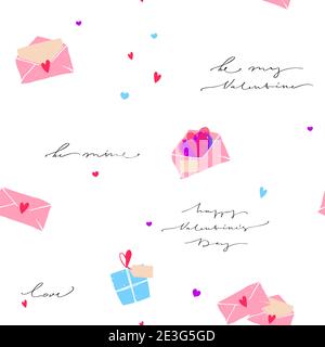 Seamless vintage pattern for valentine s day. Romantic calligraphy lettering, letters, hearts. Stock Vector