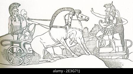This scene is one of several designs that the English sculptor and draughtsman John Flaxman (1755–1826) did to illustrate passages from the Greek epic poet Homer's Iliad and Odyssey, a commission he had been given by Georgiana Hare-Naylor while he was living in Rome. It represents Polydamus advising Hector to retire from trenches. It was done 1793. Stock Photo