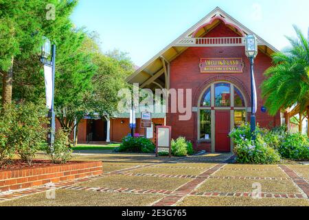 Entrance to the Amelia Island Welcome Center, housed in the architecturally significant old train depot, located in historic downtown Fernandina Beach Stock Photo