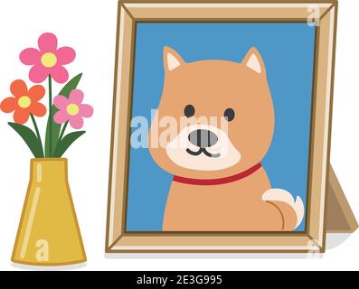 Portrait of a deceased brown dog with offer flowers. Vector illustration isolated on white background. Stock Vector