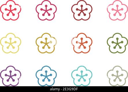 Set of simple and colorful plum blossoms. Vector illustration isolated on white background. Stock Vector