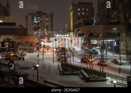 Snow covered streets in downtown. Stock Photo