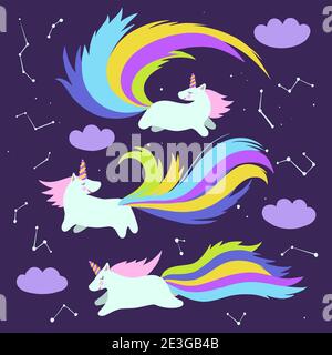 Set of cartoon hand drawn happy unicorns with rainbow tales in the night sky with stars and clouds.  Stock Vector