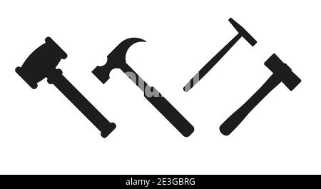 Hammer silhouette vector set. Several hammers for various purposes. Judge gavel, auction gavel, carpenter hammer, shoemaker and sledgehammer. Stock Vector