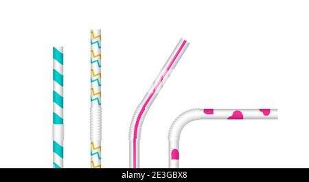 Drinking straws straight and bent close up set vector isolated on white. Stock Vector