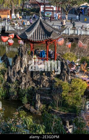 Chengdu, Sichuan province, China - Jan 17, 2021 : People enjoying a sunny day and drinking tea in Culture park. Stock Photo