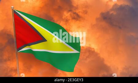 Guyana flag on pole. Dramatic background. National flag of Guyana Stock Photo