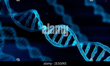 Blue chromosome DNA and gradually glowing flicker light matter chemical when camera moving closeup. Medical and Heredity genetic health concept. Techn Stock Photo