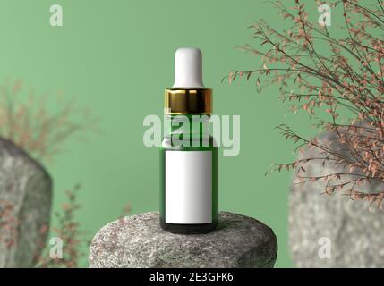 Green serum bottle with gold cap and white blank label for advertising text and logo on natural rock and dry plant in spring or autumn background. Pro Stock Photo