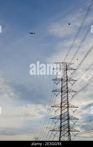 Hight Voltage Pole and the Blue Sky with Clouds Stock Photo - Alamy
