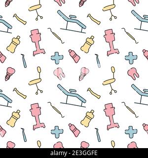 Dental care, Orthodontics Seamless Pattern with Line Icons. Dentist, Medical Equipment, Braces, Tooth Prosthesis, Floss, Caries Treatment, Toothpaste. Stock Vector