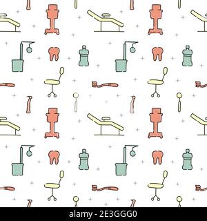 Dental care, Orthodontics Seamless Pattern with Line Icons. Dentist, Medical Equipment, Braces, Tooth Prosthesis, Floss, Caries Treatment, Toothpaste. Stock Vector