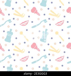 Dental care, Orthodontics Seamless Pattern with Line Icons. Dentist, Medical Equipment, Braces, Tooth Prosthesis, Floss, Caries Treatment, Toothpaste. Stock Vector
