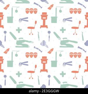 Dental care, Orthodontics Seamless Pattern with Line Icons. Dentist, Medical Equipment, Braces, Tooth Prosthesis, Floss, Caries Treatment, Toothpaste. Stock Vector