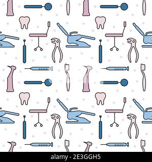 Dental care, Orthodontics Seamless Pattern with Line Icons. Dentist, Medical Equipment, Braces, Tooth Prosthesis, Floss, Caries Treatment, Toothpaste. Stock Vector