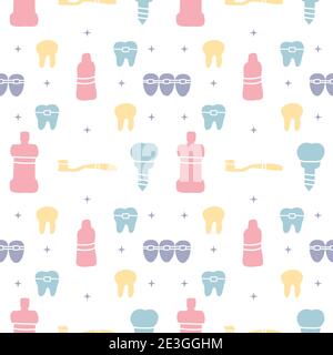 Dental care, Orthodontics Seamless Pattern with Line Icons. Dentist, Medical Equipment, Braces, Tooth Prosthesis, Floss, Caries Treatment, Toothpaste. Stock Vector