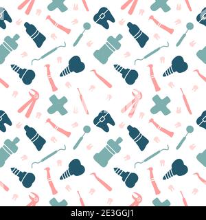 Dental care, Orthodontics Seamless Pattern with Line Icons. Dentist, Medical Equipment, Braces, Tooth Prosthesis, Floss, Caries Treatment, Toothpaste. Stock Vector