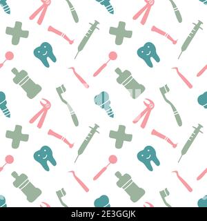Dental care, Orthodontics Seamless Pattern with Line Icons. Dentist, Medical Equipment, Braces, Tooth Prosthesis, Floss, Caries Treatment, Toothpaste. Stock Vector