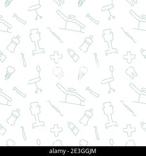 Dental care, Orthodontics Seamless Pattern with Line Icons. Dentist, Medical Equipment, Braces, Tooth Prosthesis, Floss, Caries Treatment, Toothpaste. Stock Vector