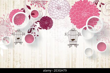 3d illustration, light background, white rings, abstract round red and pink flowers, two birds in cages Stock Photo