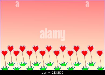 Red heart shaped flowers and green grass. Line up the bottom of the image. On a pink background. There is a place for placing text. Stock Vector