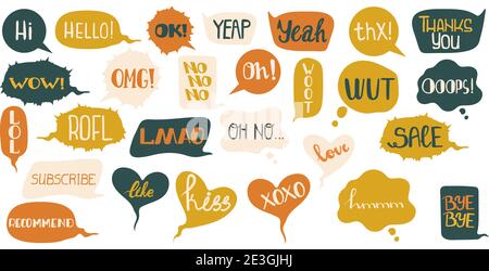 Vector hand drawn set of speech bubbles with handwritten short phrases.  Online chat clouds with quotes: hi, bye, xoxo, sale, kiss, thanks and etc. Stock Vector