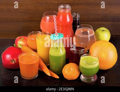 Various freshly squeezed fruits and vegetables juices Stock Photo