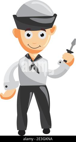 Sailor man Hold screwdriver cartoon character Vector illustration in a flat style Isolated Stock Vector