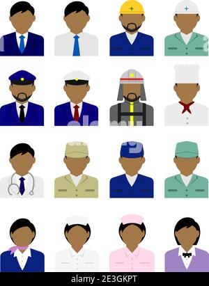 Black worker avatar flat illustration (upper body) set ( person in a costume ) Stock Vector