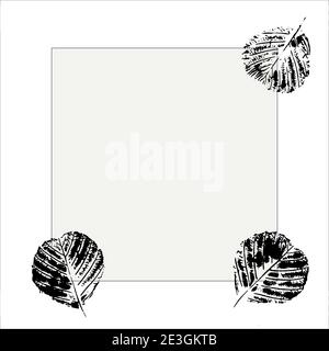 Abstract grey background with black frame for text with ink black abstract lleaves prints. Vector. Quote text info design. Template for social network Stock Vector