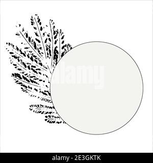 Abstract grey round background with black frame for text with ink black abstract branch leaves prints on the left. Vector. Quote text info design. Stock Vector