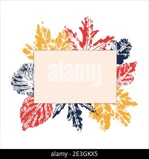Abstract beige background with black frame for text. Abstract colored lleaves prints. Autumn vector. Quote text info design. Template. Stock Vector
