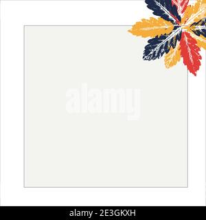 Abstract grey square background for text with colored abstract leaves prints on the corner. Vector. Quote text info design. Template. Stock Vector