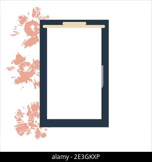 Whiteboard tablet for writing with abstract pink lleaves prints. Vector minimalistic on the white background. Quote text info design. Template for soc Stock Vector