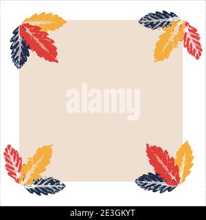 Abstract beige square background for text with colored abstract leaves prints on the corners. Vector. Quote text info design. Template. Stock Vector