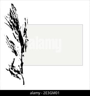 Abstract grey background with frame for text with ink black abstract branch of leaves prints on the left. Vector. Quote text info design. Template Stock Vector