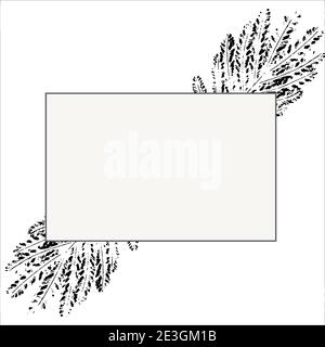 Abstract beige background with black frame for text. Abstract black ink leaf prints, branch with leaves. Vector. Quote text info design. Template Stock Vector