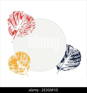 Abstract grey round background with black frame for text with ink colored abstract leaves prints on the side. Vector. Quote text info design. Template Stock Vector