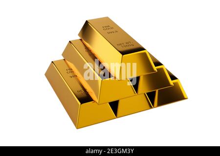 Shiny gold ingots or bars pyramid over white background - precious metal or money investment concept, 3D illustration Stock Photo