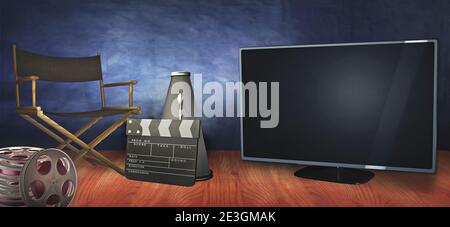 Video on demand advertising template with an empty TV set and director's chair and accessories. A movies concept 3D rendering with copy space to add y Stock Photo