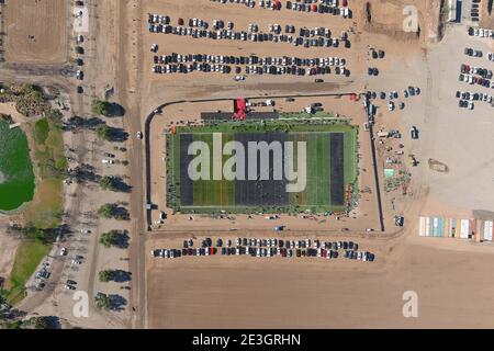 An aerial view of Winner Circle Field, Sunday, Jan. 17, 2021, in Eastvale, Calif. Stock Photo