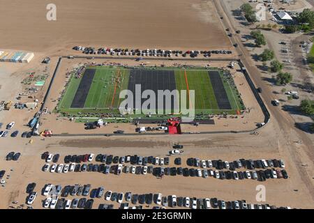 An aerial view of Winner Circle Field, Sunday, Jan. 17, 2021, in Eastvale, Calif. Stock Photo