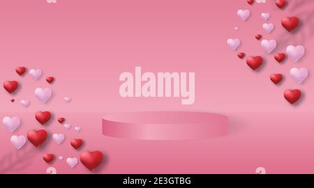 3d pink vector background with podium and views pink walls. minimal 3d abstract background. The stage for your product Stock Vector