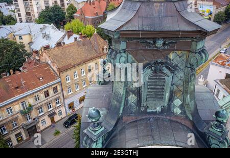 Lviv, Ukraine - August, 2020: The Roman Catholic church of St. Mary Magdalene (House of organ and chamber music) in Lviv, Ukraine. View from drone Stock Photo