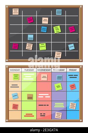 Bulletin board full of tasks on sticky note cards. Development, team work, agenda, schedule, to do list. Vector illustration in flat style Stock Vector