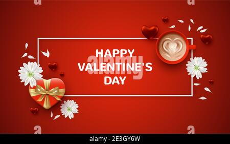 Valentine's day banner with gift box in heart shape, white flowers and a cup of coffee Stock Vector