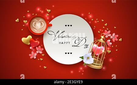 Valentine's day banner concept with a cage, pink flowers and a cup of coffee Stock Vector