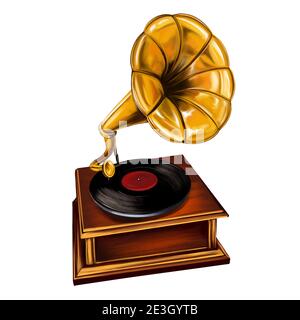 gramophone music player art illustration painted with watercolors isolated on white background. Stock Photo