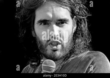Russell Brand, comedian, speaking at The People's Assembly demonstration against Austerity, Parliament Square, London, 21st June 2014 Stock Photo