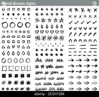 Set of simple hand-drawn signs: arrows, lines, geometric figures, symbols ... Stock Vector